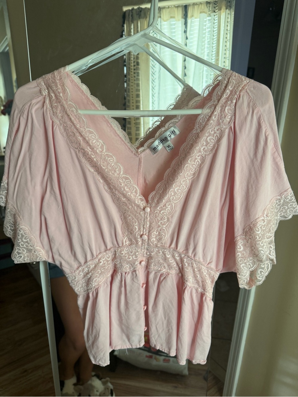 Madden Girl Light Pink Lace-Trim Blouse